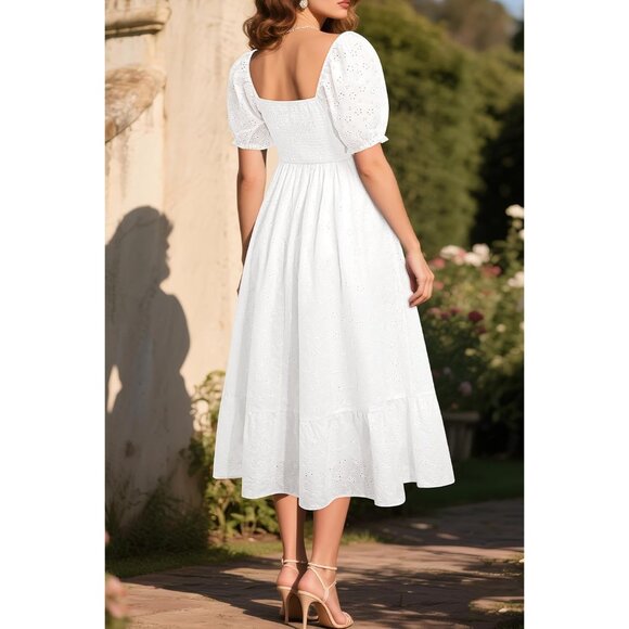 Plus Size Summer Dress Women Eyelet Puff Sleeve V-Neck Casual Maxi - Picture 2 of 5